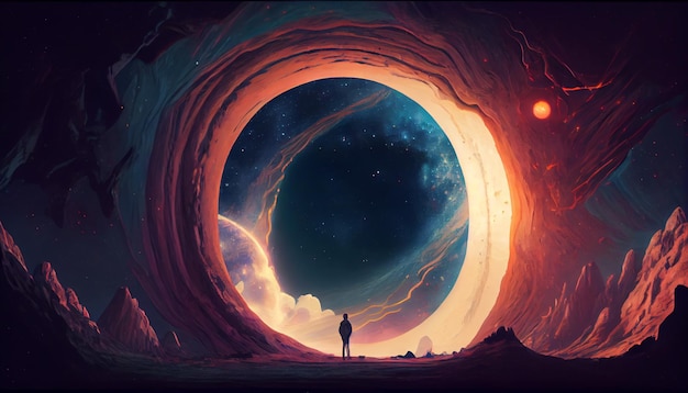 A man stands in an opening to a planet.