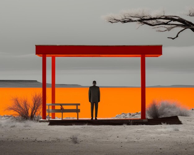 A man stands under an orange gazebo in the desert