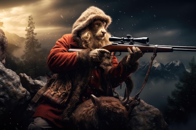 Photo a man stands outdoors wearing a red coat and holding a rifle hunter aiming with rifle ai generated