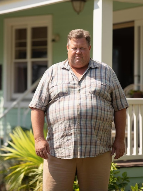 Photo a man stands outside in front of a house with a shirt that says  the man is standing outside