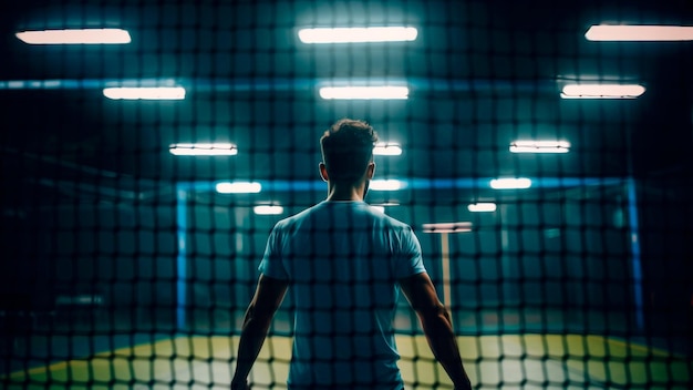 Photo a man stands behind the paddle net a padel tournament event generative ai