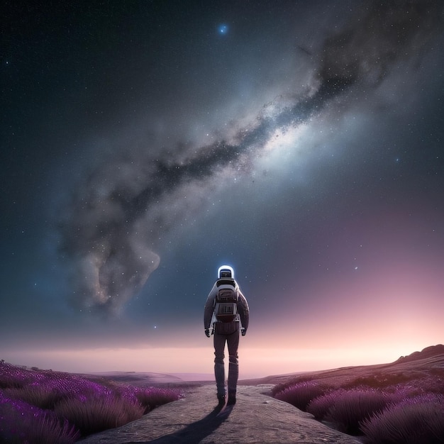 A man stands on a path in front of a purple galaxy.