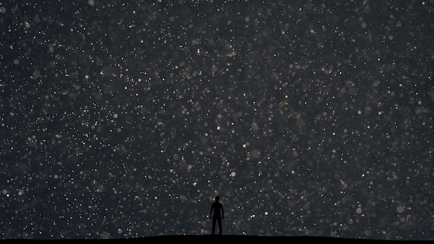 The man stands on a picturesque starry sky background