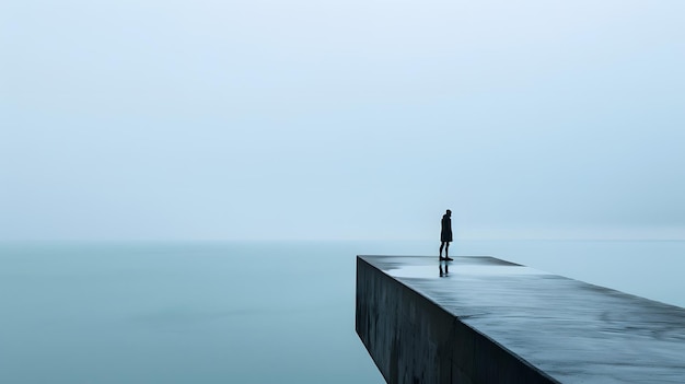 a man stands on a pier in front of a body of water