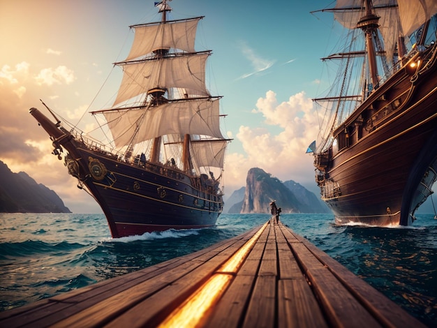 A man stands on a pier in front of a ship that says'pirates'on it