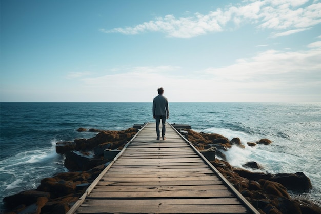 Foto l'uomo sta sul molo guardando il lontano orizzonte oceanico