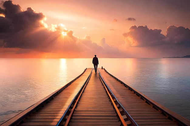 A man stands on a pier looking out to the ocean at sunset.