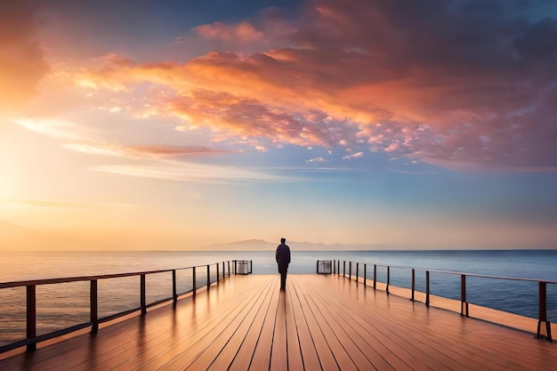 A man stands on a pier looking out to sea.