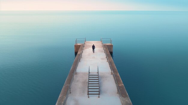 A man stands on a pier in the middle of the ocean.