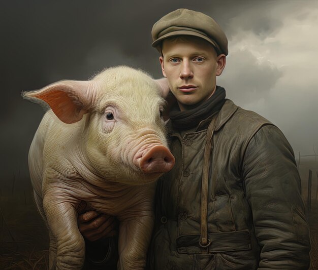 Foto un uomo si trova accanto a un maiale che ha un uomo in un cappello e un cappelli