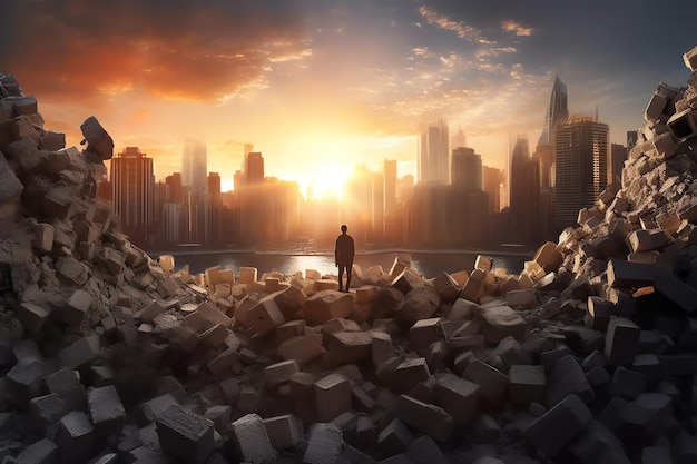 A man stands on a pile of bricks in front of a cityscape.