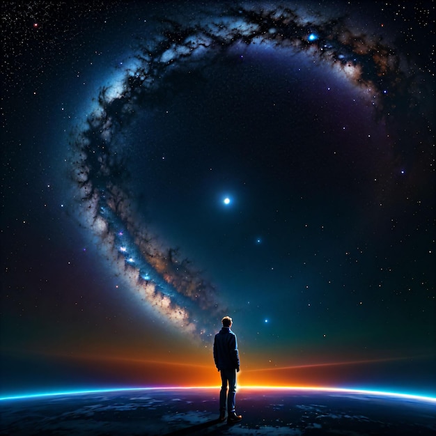 A man stands on a planet looking at the universe.