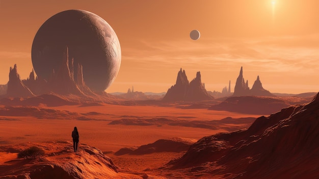 A man stands on a planet with a moon in the background.