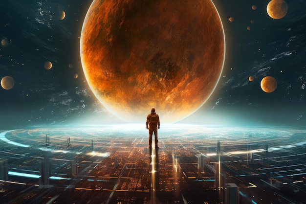 A man stands on a planet with a planet in the background