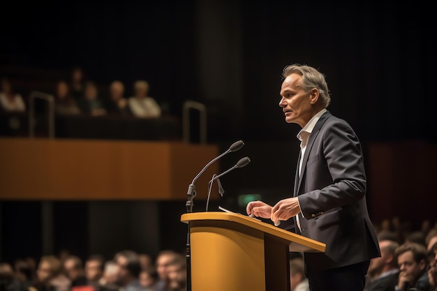 A man stands at a podium in front of a crowd.