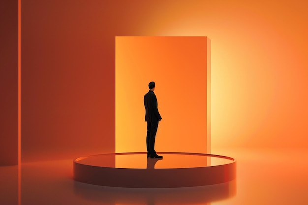 Photo a man stands on a podium in front of an orange wall