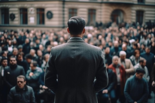 A man stands at a podium with a large crowd behind him.