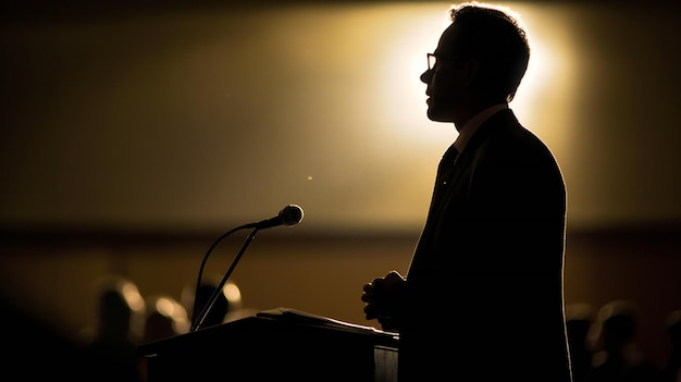 A man stands at a podium with a microphone in front of him.