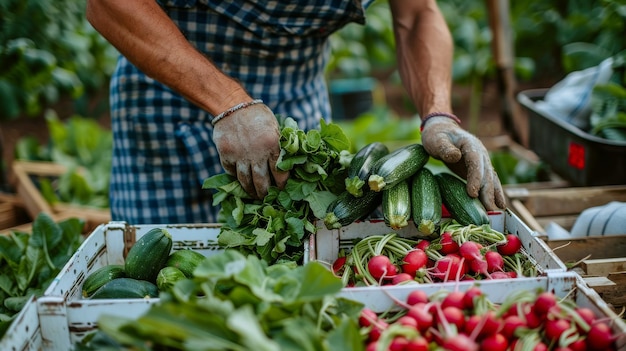 A man stands proudly holding a box overflowing with an assortment of fresh vegetables