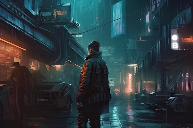 A man stands in the rain in a city at night.