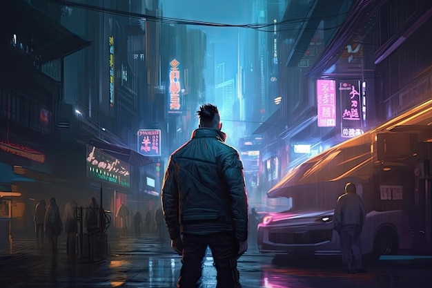 Мужчина стоит под дождем в темном городе с неоновыми вывесками на стенах.