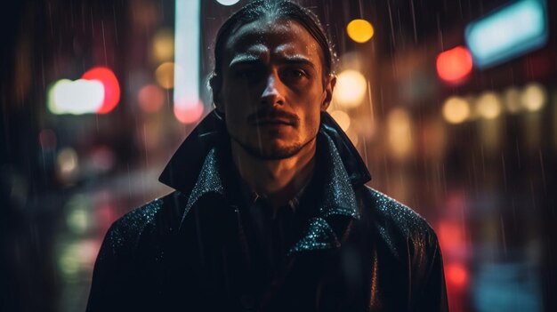 A man stands in the rain in front of a city street.