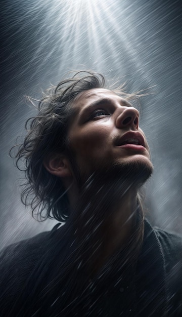 A man stands in the rain hair blowing in electric blue wind