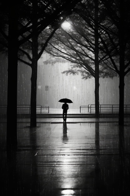 한 남자가 우산을 들고 빗속에 서 있습니다.