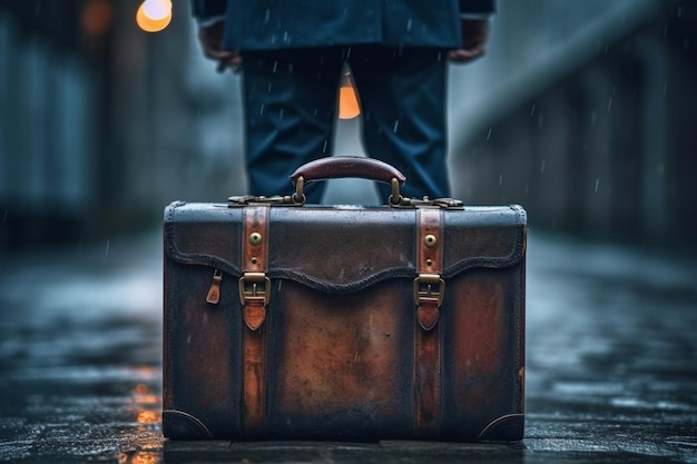 A man stands in the rain with a brown leather suitcase.