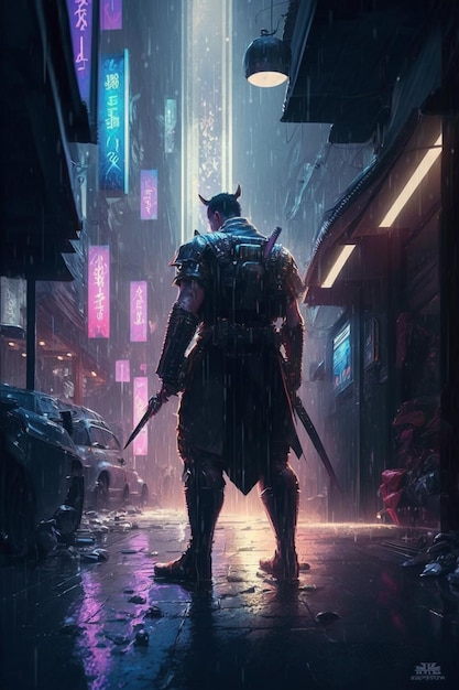 A man stands in the rain with a sword in his hand.