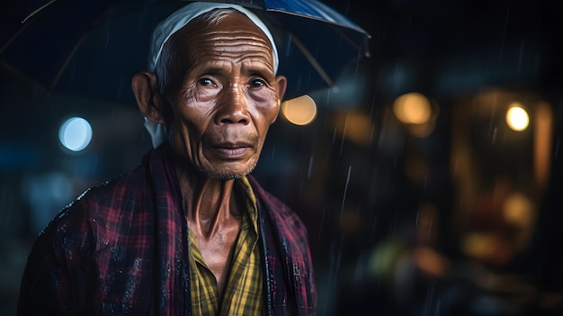 傘を手に雨の中立っている男性。