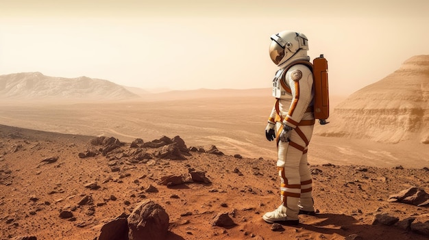 A man stands on a red planet with a mountain in the background.