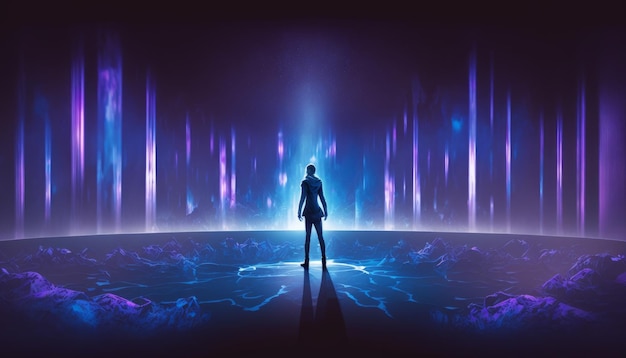 A man stands on a red and purple stage surrounded by lights in a dark space