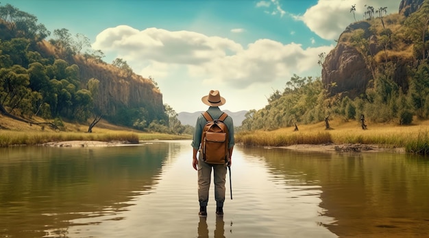 A man stands in a river with a backpack and a hat on his head.