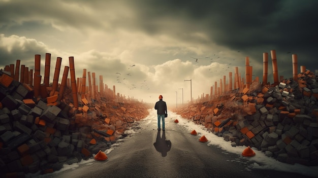 A man stands on a road with a sign that says'the road is empty '