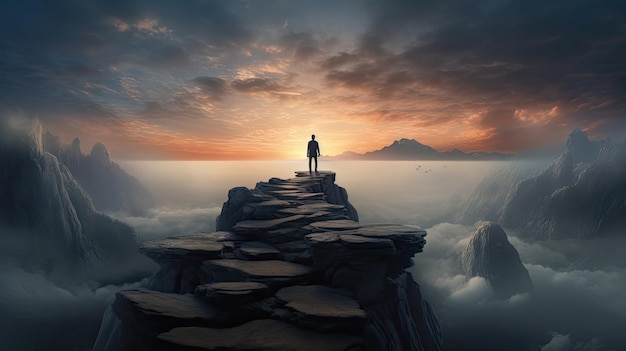 a man stands on a rock in front of a mountain with the sun behind him.