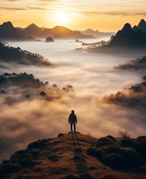 Foto un uomo in piedi su una roccia di fronte a una montagna