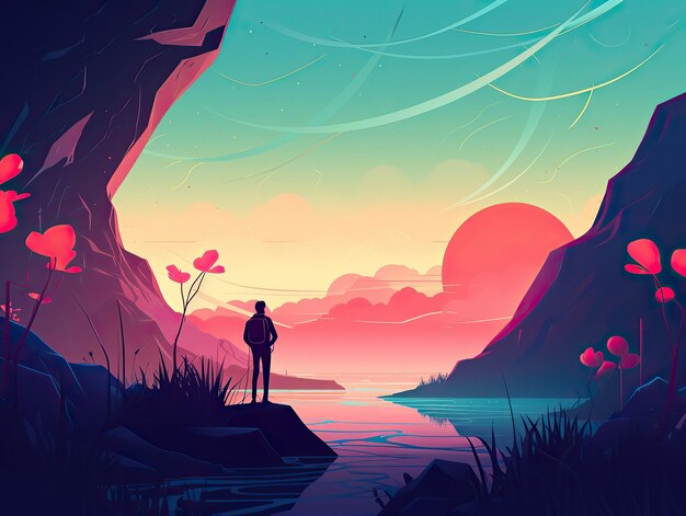 A man stands on a rock in front of a sunset outdoor explore travel illustration