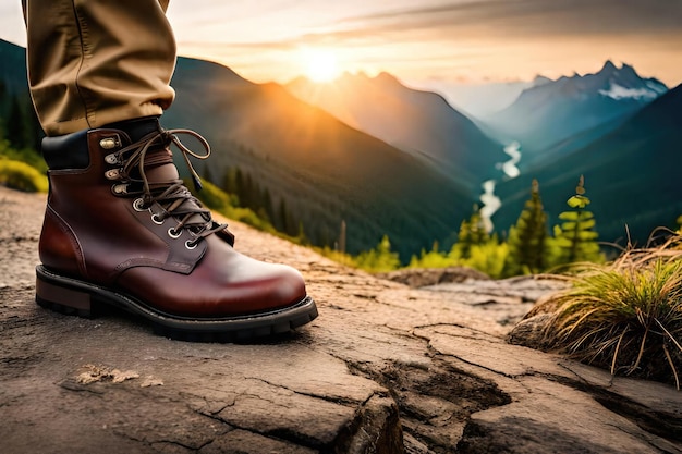 Photo a man stands on a rock in front of a sunset.