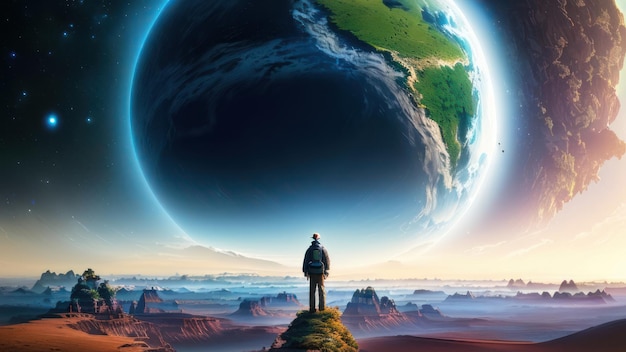 Photo a man stands on a rock looking at the earth.