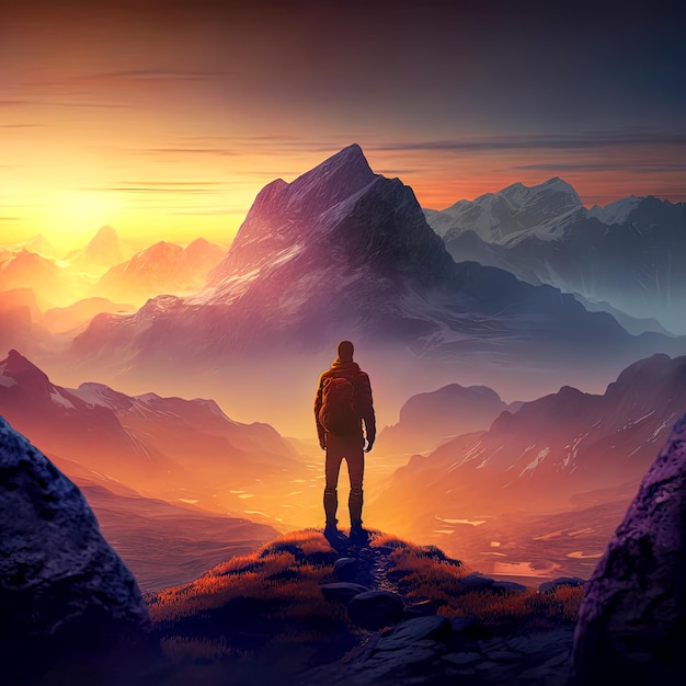 A man stands on a rock looking at a mountain range.