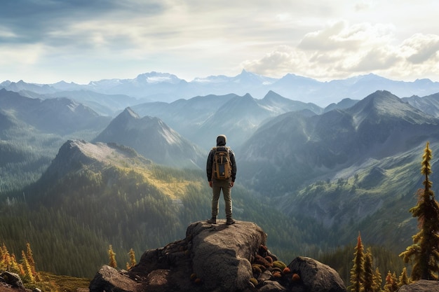 A man stands on a rock overlooking a mountain valley.