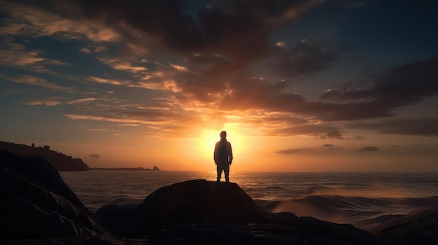 A man stands on a rock overlooking the ocean and the sun is setting.