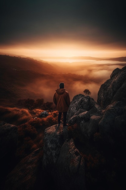 A man stands on a rock overlooking a valley with the sun setting behind him.