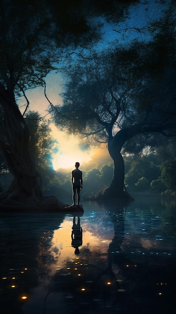 A man stands on a rock in a river with a tree in the background.