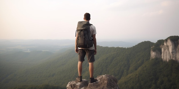 A man stands on a rock with a backpack on his back.