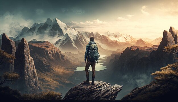 A man stands on a rock with a mountain range in the background.