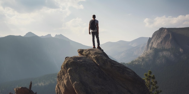 A man stands on a rock with mountains in the background