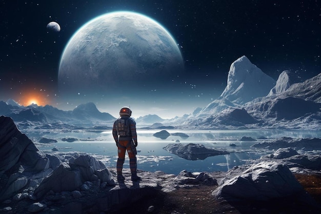 男は惑星を背景に岩の表面に立っています。