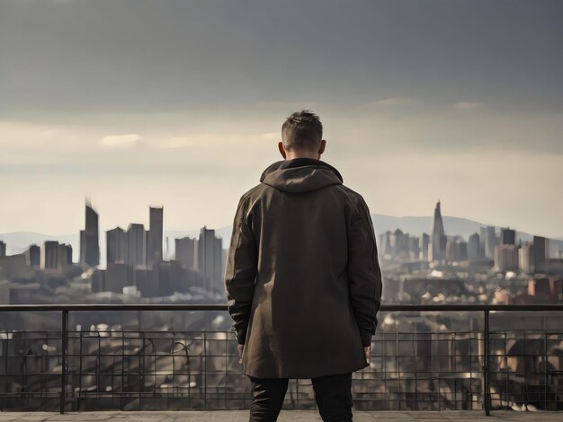 Человек стоит на крыше и смотрит на городской пейзаж.